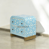 Bone Inlay Moroccan Design Waterfall 2 Drawers Bedside Table Blue